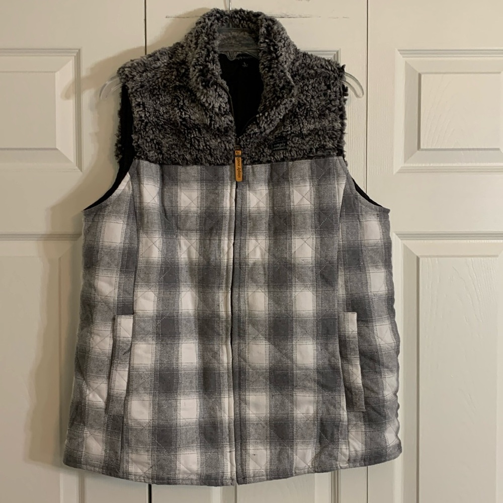Simply Southern Women’s L Grey Plaid Vest Faux Fur Collar Lined Pockets.   L1
